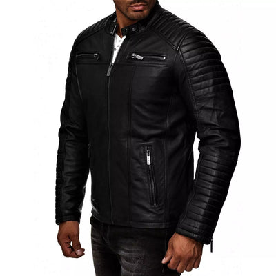 Men's Black Leather Jacket Coat Cafe Racer Style Genuine Soft Sheep Skin Biker