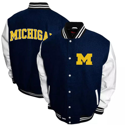 Michigan Wolverines Navy And White Wool Varsity Jacket With Real Leather Sleeves