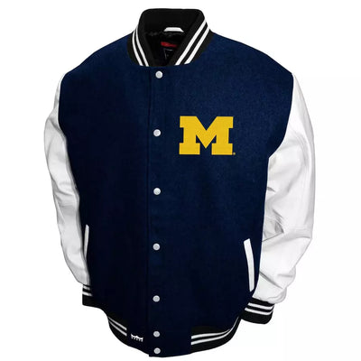 Michigan Wolverines Navy And White Wool Varsity Jacket With Real Leather Sleeves