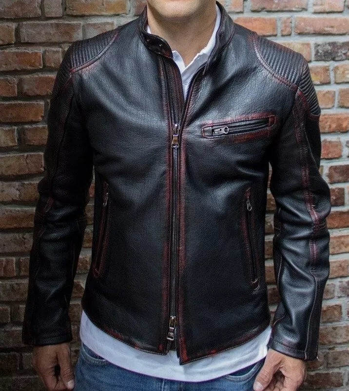 Men's Genuine Real Leather Jacket Motorcycle Black Biker Distressed Leather