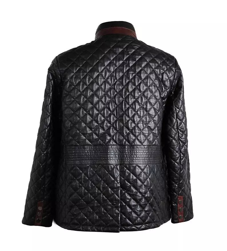 Men Black Luxury Lambskin Leather jacket biker Quilted Coat gift for him Coat
