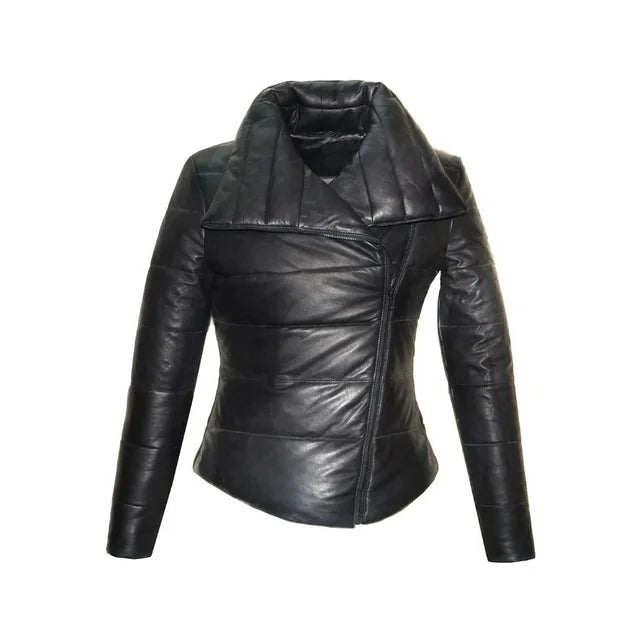 Women Black Leather Puffer Quilted Jacket With Side Zipper & Pocket  Zip Up Leather jacket