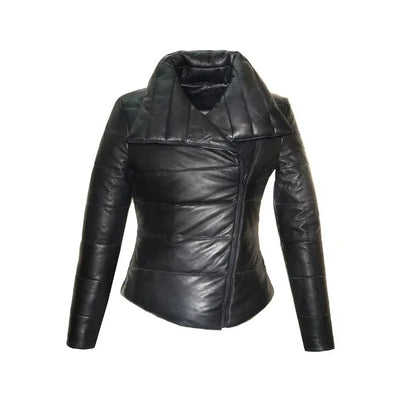 Women Black Leather Puffer Quilted Jacket With Side Zipper & Pocket  Zip Up Leather jacket