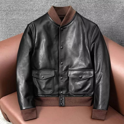 Men's Casual Leather Coat Front Pockets A1 Bomber Basic Genuine Leather Jackets