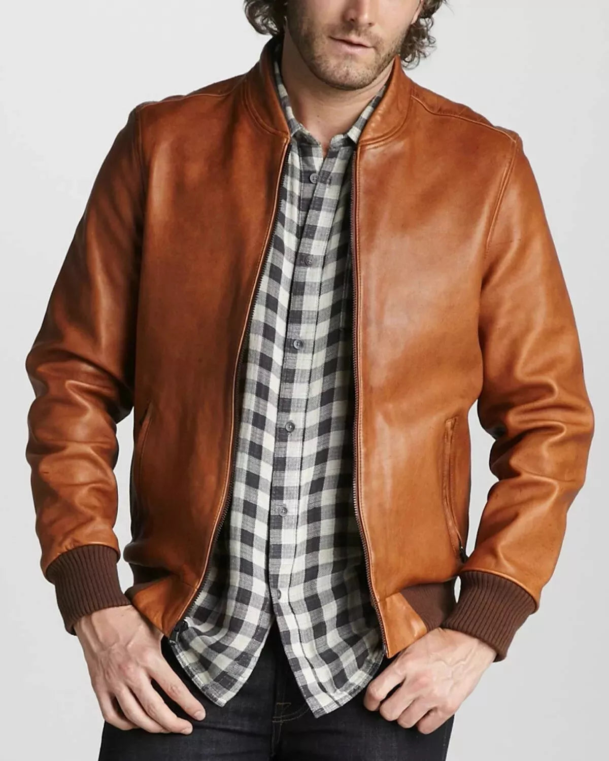 Men Brown 100% Genuine Lambskin Leather Jacket Bomber Leather Coat