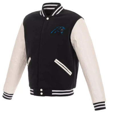 Carolina Panthers Letterman Varsity Jacket with Genuine Leather Sleeves