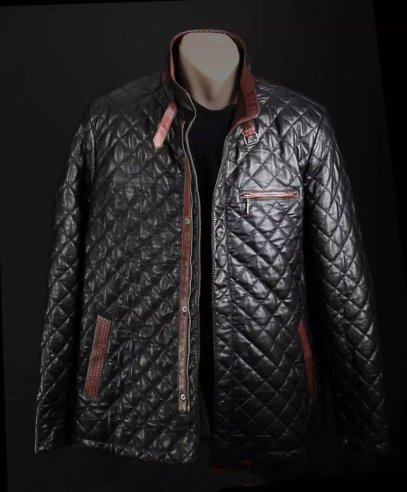 Men Black Luxury Lambskin Leather jacket biker Quilted Coat gift for him Coat