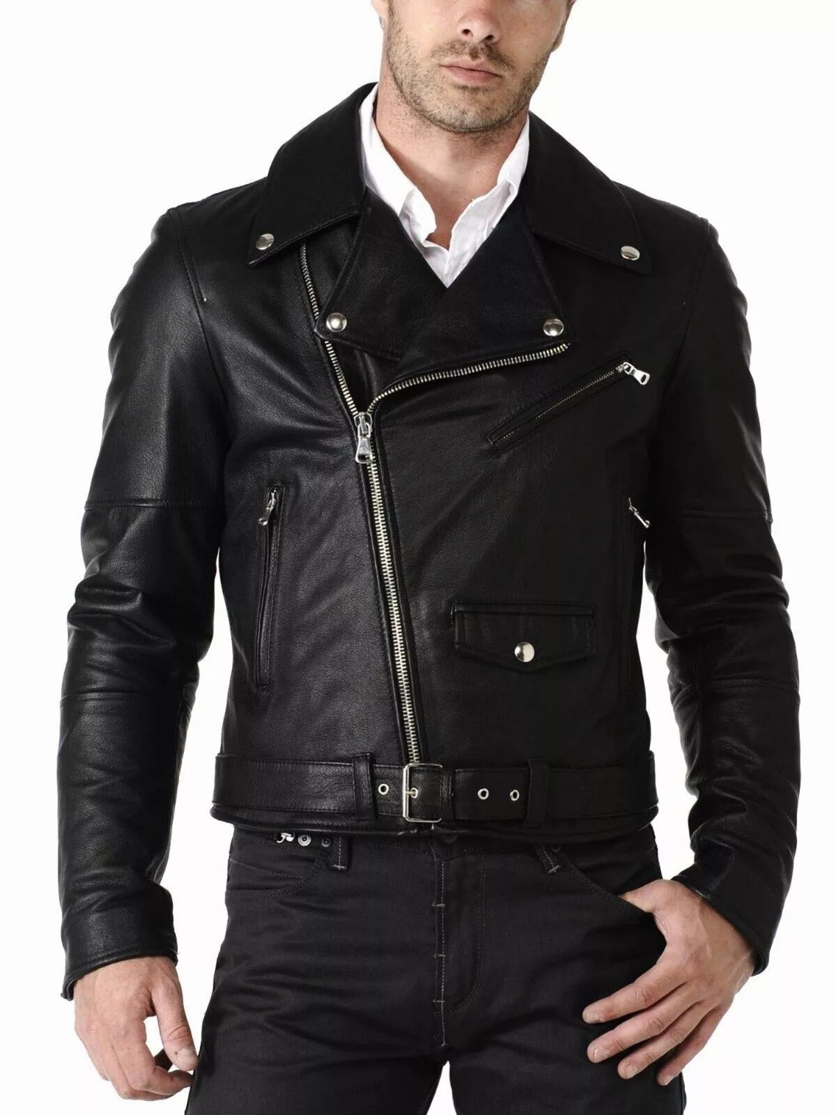 Men's Cafe Racer Biker Genuine Leather Jacket Motorcycle Brando Black Leather