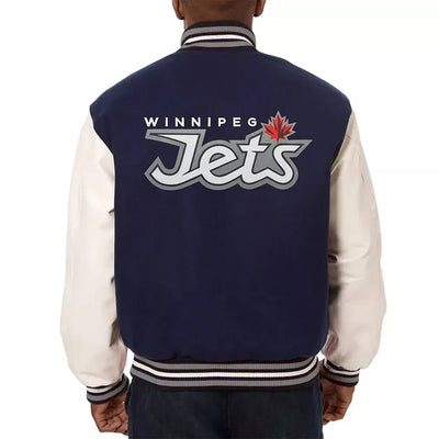 Winnipeg Jets Varsity Jacket Blue Wool and White Leather with Embroidered Logo