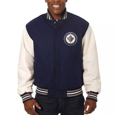 Winnipeg Jets Varsity Jacket Blue Wool and White Leather with Embroidered Logo