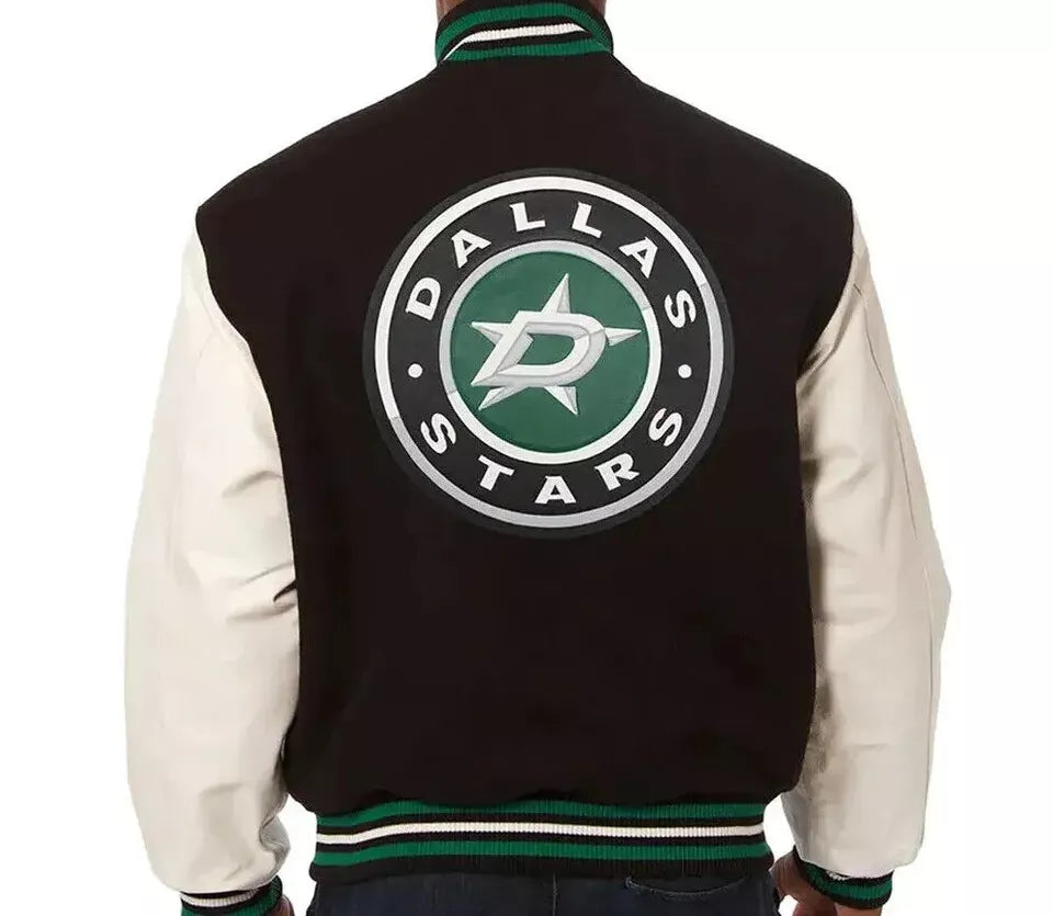 Letterman Dallas Stars Black and White Wool & Leather Varsity Jacket