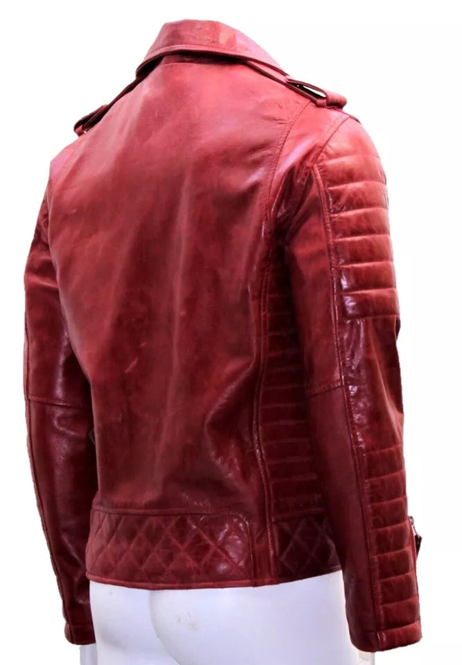 Cafe Racer Men's Leather Jacket Brando Motorcycle Biker Red Sheep Skin Leather