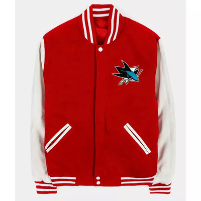 San Jose Sharks Varsity Jacket Red Wool with White Genuine Leather Sleeves