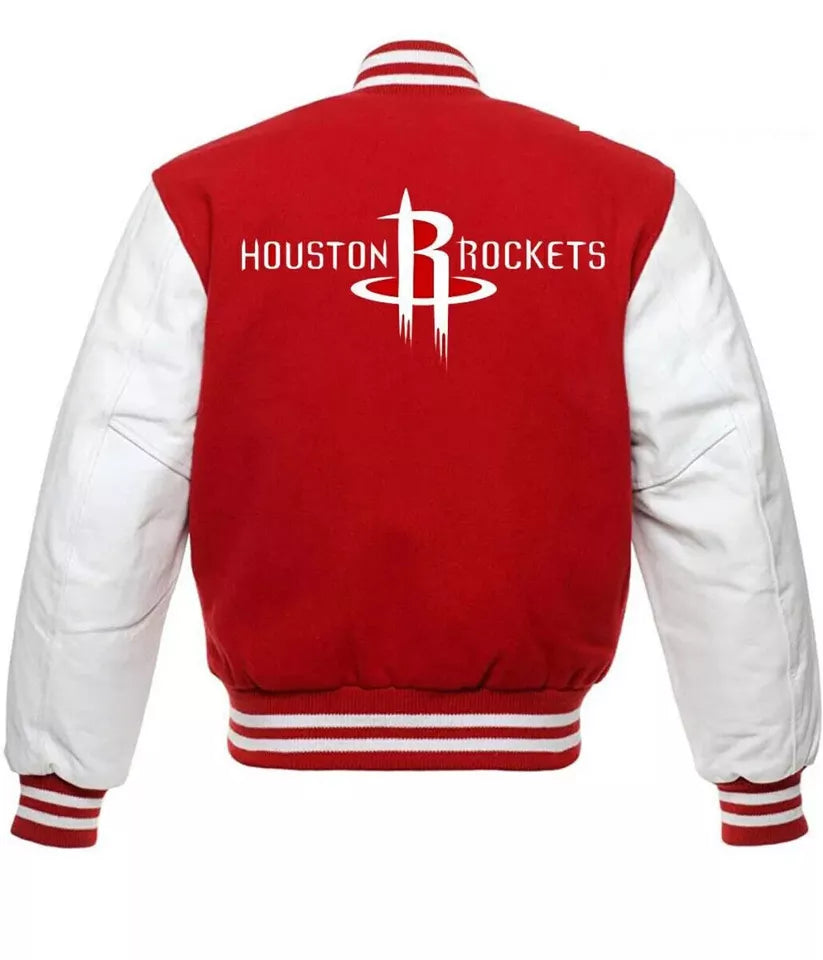 Letterman Houston Rockets Varsity Jacket Red Wool & White Genuine Leather Sleeve