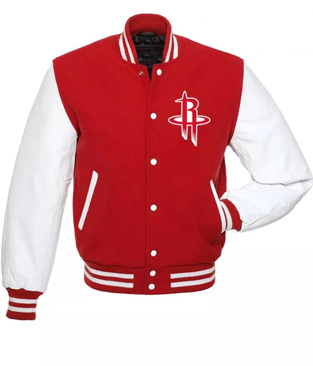 Letterman Houston Rockets Varsity Jacket Red Wool & White Genuine Leather Sleeve