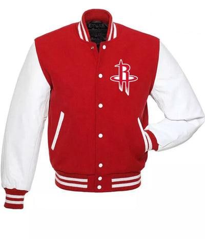 Letterman Houston Rockets Varsity Jacket Red Wool & White Genuine Leather Sleeve