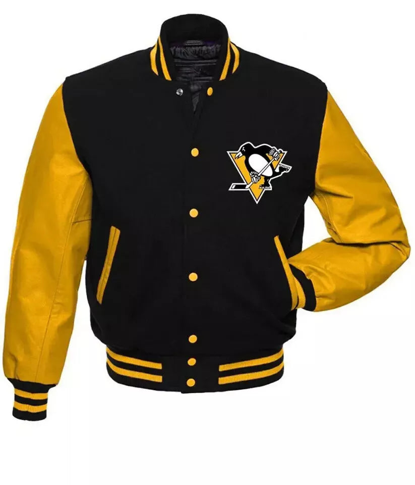 Pittsburgh Penguins Black & Yellow Varsity Jacket With Leather Sleeves