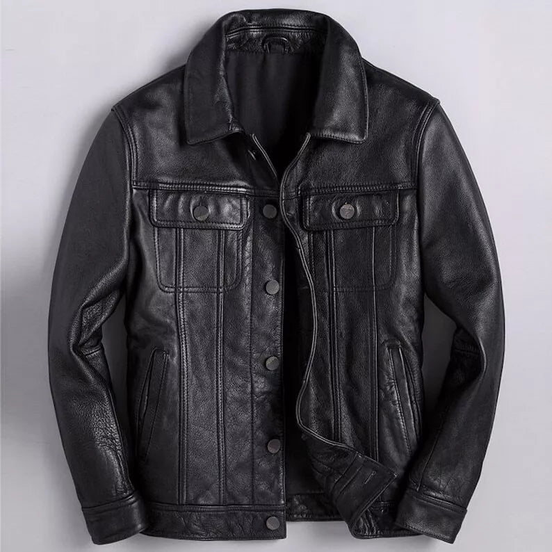 Men's Black Trucker Lambskin Leather Jacket Coat