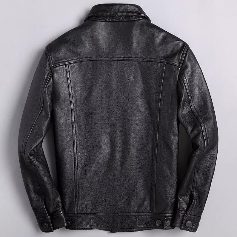 Men's Black Trucker Lambskin Leather Jacket Coat