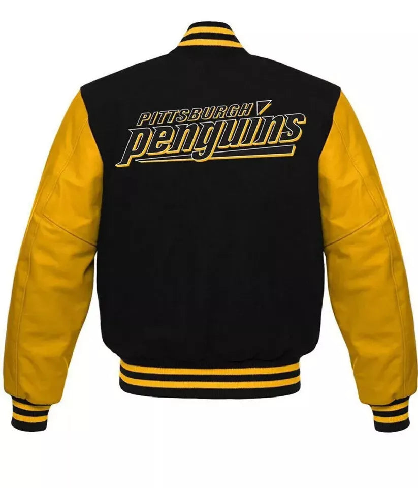 Pittsburgh Penguins Black & Yellow Varsity Jacket With Leather Sleeves