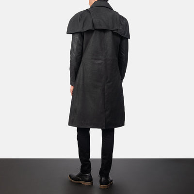 Classic Distressed Black Leather Duster Trench coat