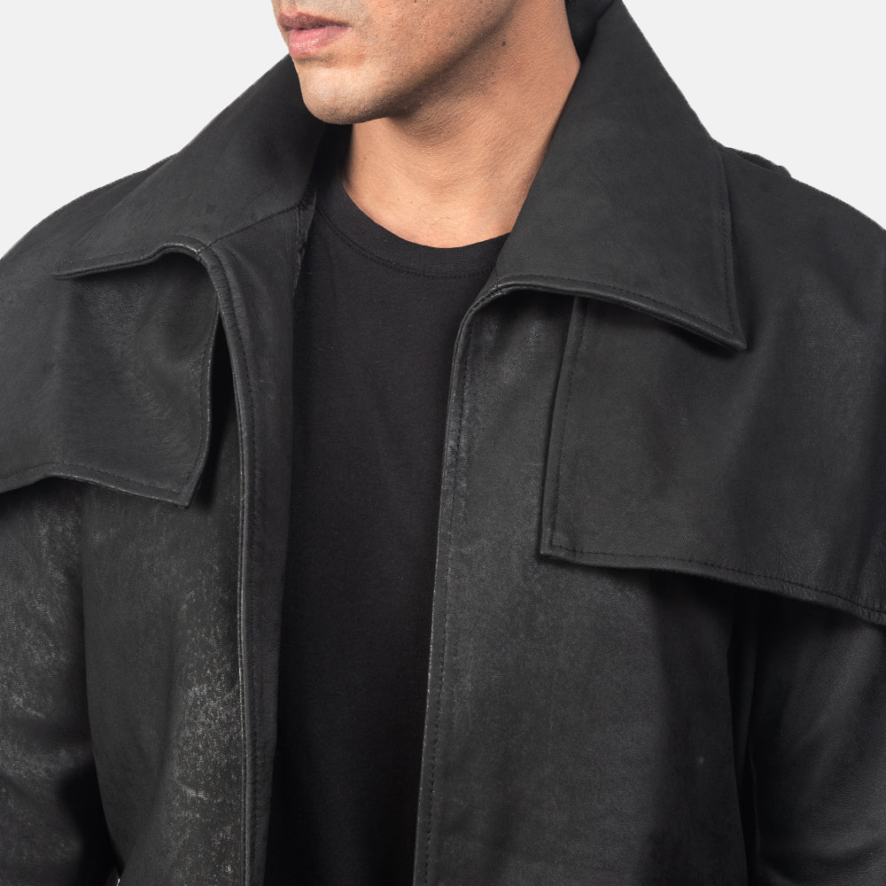 Classic Distressed Black Leather Duster Trench coat