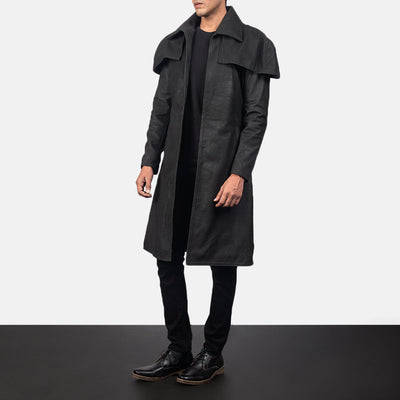 Classic Distressed Black Leather Duster Trench coat