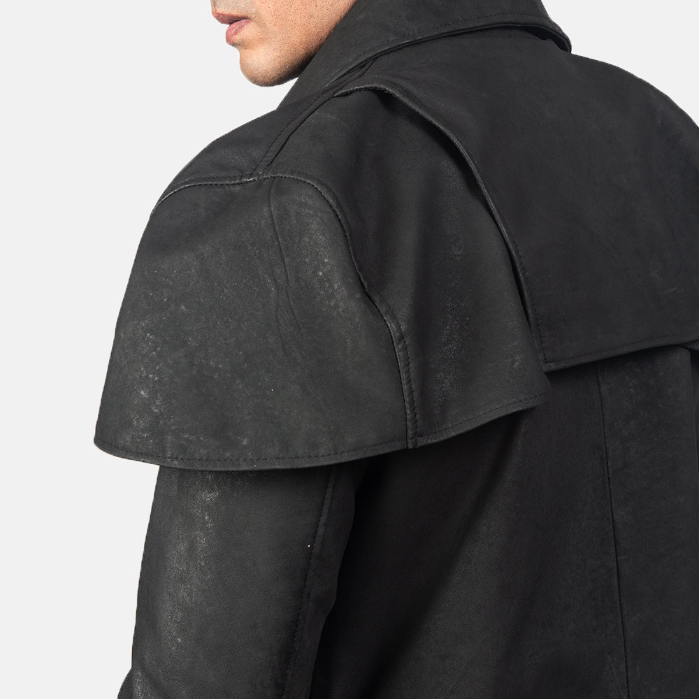 Classic Distressed Black Leather Duster Trench coat
