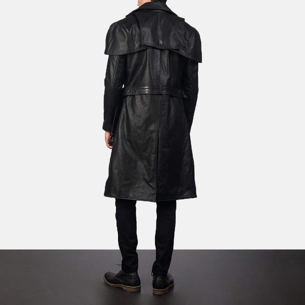 Deux Black Leather Duster Trench Coat
