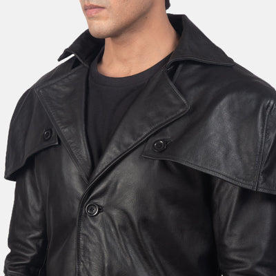 Deux Black Leather Duster Trench Coat