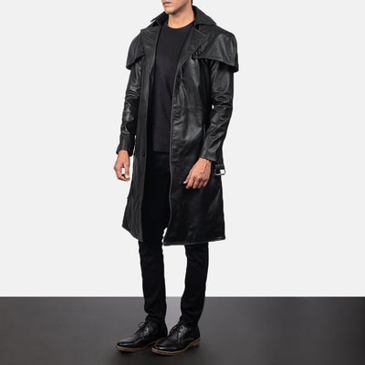 Deux Black Leather Duster Trench Coat