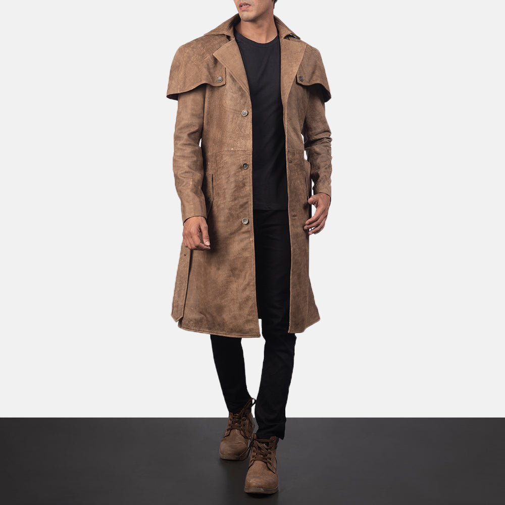 Deux Brown Leather Duster-Trench Coat