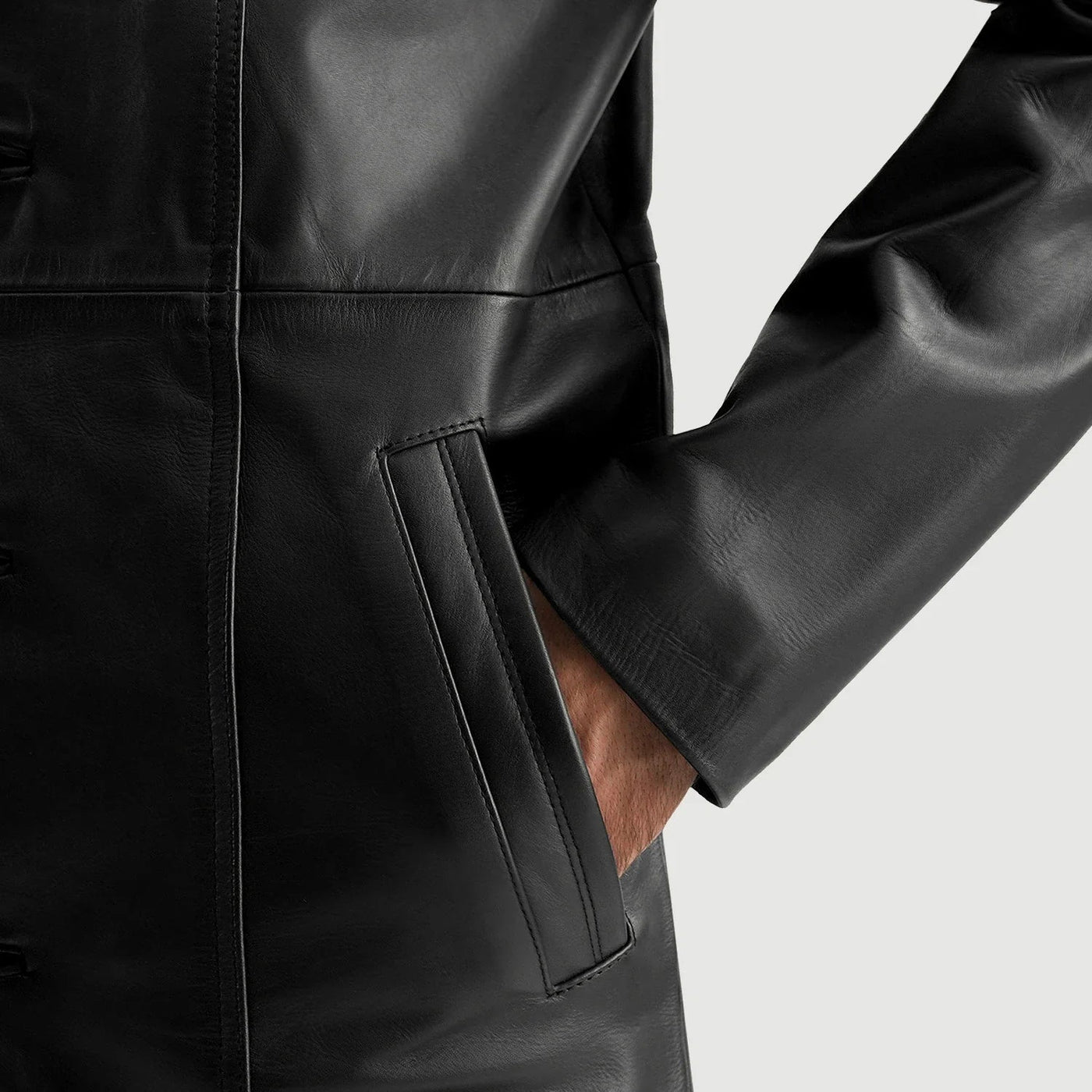 Men Long Black Leather Trench Coat