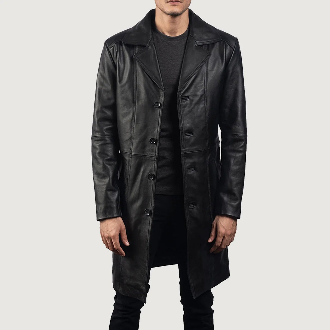 Men Long Black Leather Trench Coat