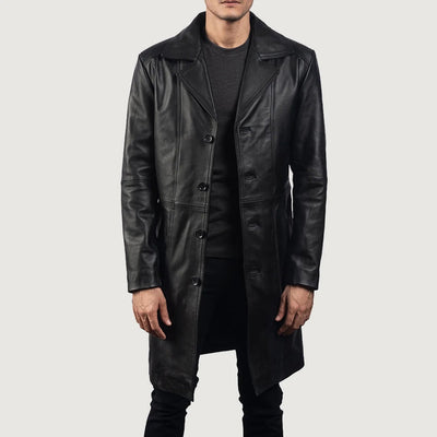Men Long Black Leather Trench Coat