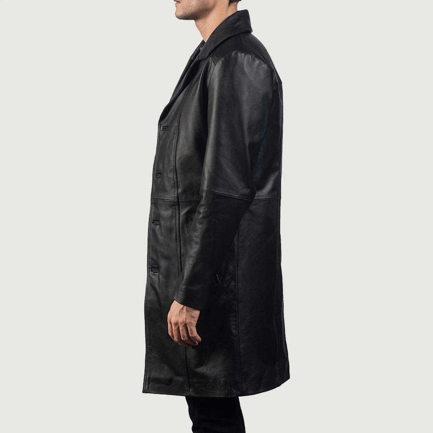 Men Long Black Leather Trench Coat