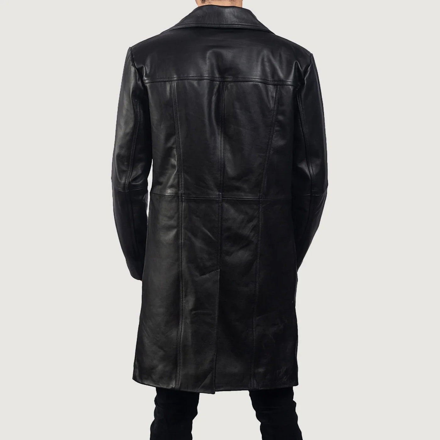 Men Long Black Leather Trench Coat