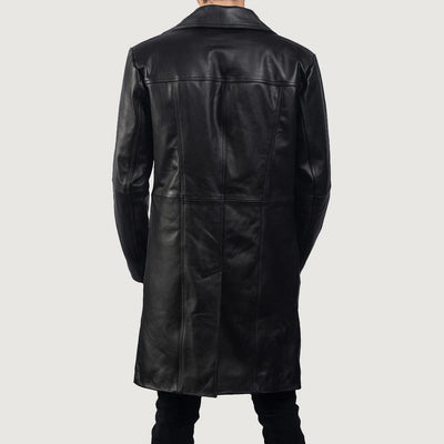 Men Long Black Leather Trench Coat