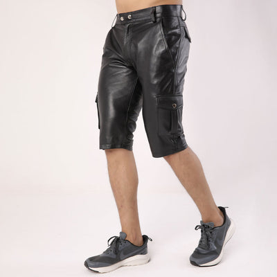 Real Leather Cargo Shorts Black