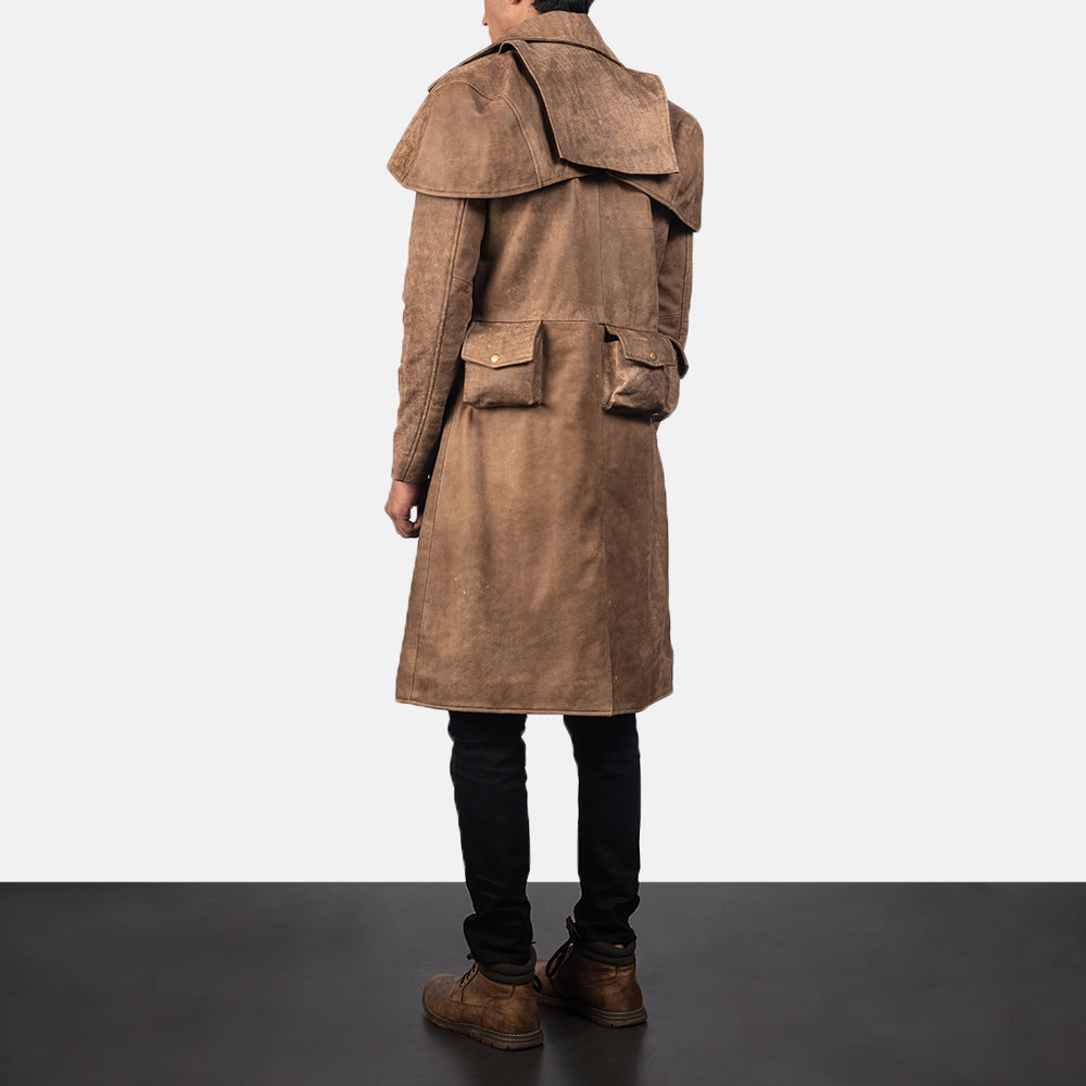 Army Brown Leather Duster Trench Coat