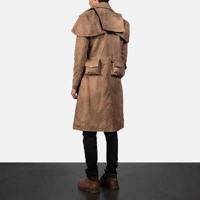 Army Brown Leather Duster Trench Coat
