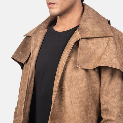 Army Brown Leather Duster Trench Coat