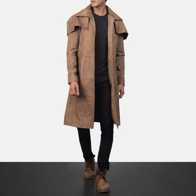 Army Brown Leather Duster Trench Coat
