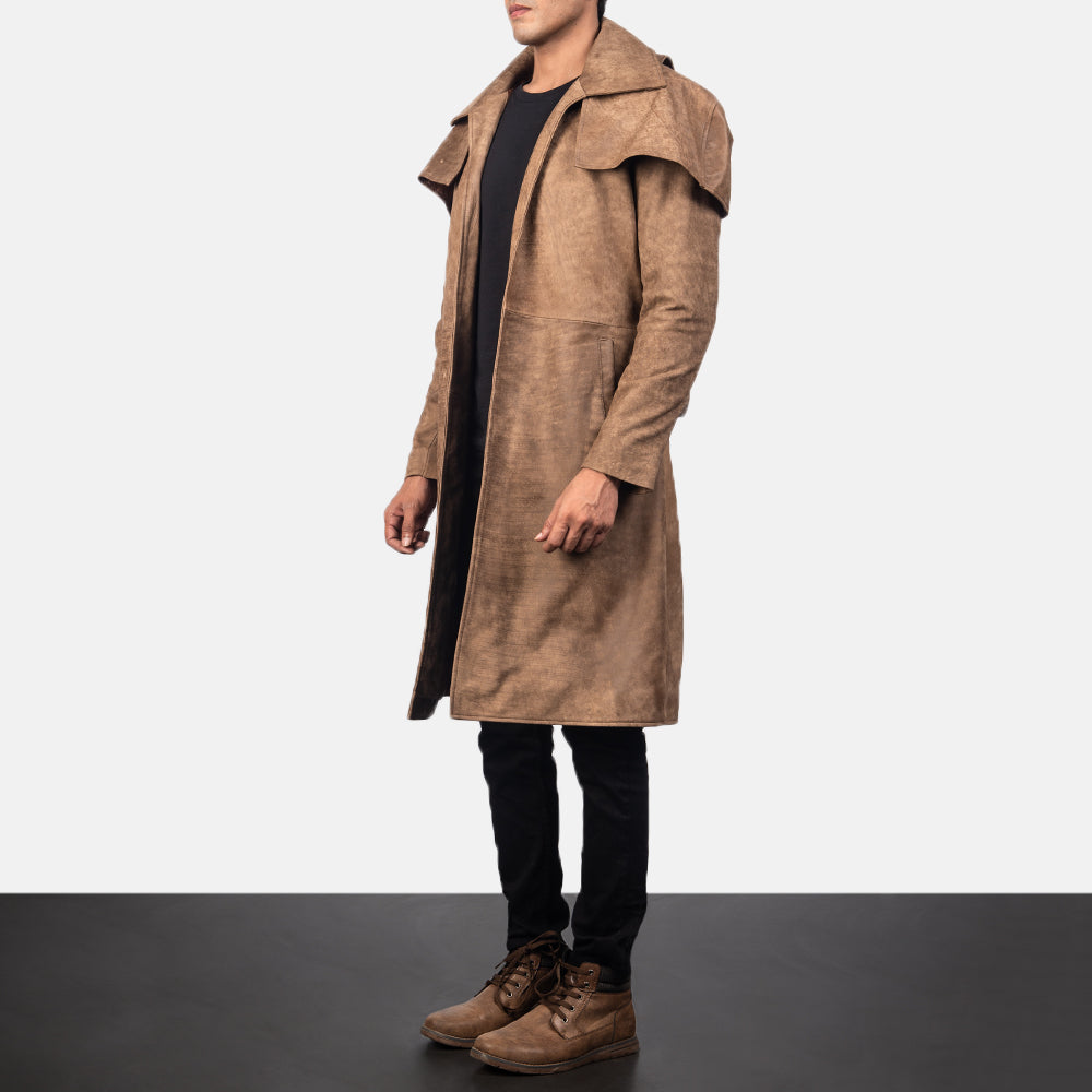 Army Brown Leather Duster Trench Coat