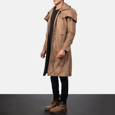 Army Brown Leather Duster Trench Coat