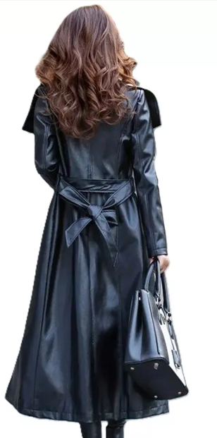 Black Leather Trench Coat Women's Genuine Lambskin Winter Long Overcoat Jacket