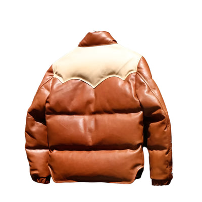 Men's Puffer Jacket Real Lambskin Leather Quilted Bomber Jacket - Dual Colors