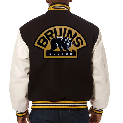 Men Boston Bruins Black Wool & Leather Sleeves Varsity Jacket - NHL