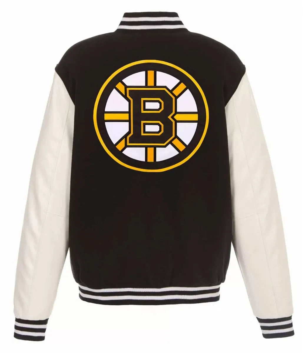 Men Boston Bruins White and Black Varsity Jacket - NHL