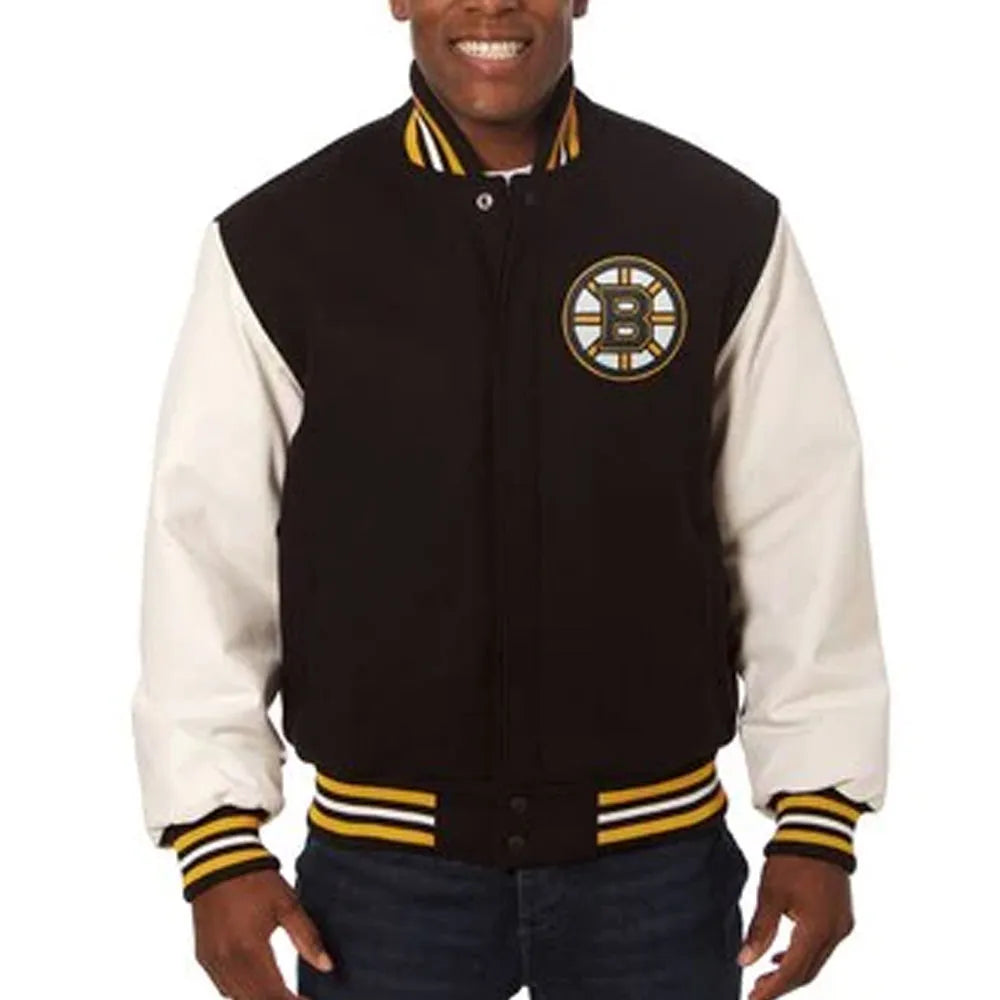 Men Boston Bruins Black Wool & Leather Sleeves Varsity Jacket - NHL